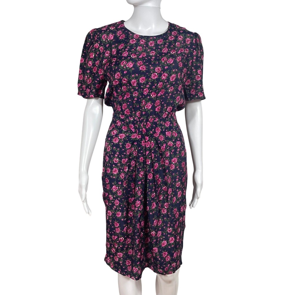 Caroline Wells Vintage Rose Print Midi Dress Pink Black Romantic Cottagecore